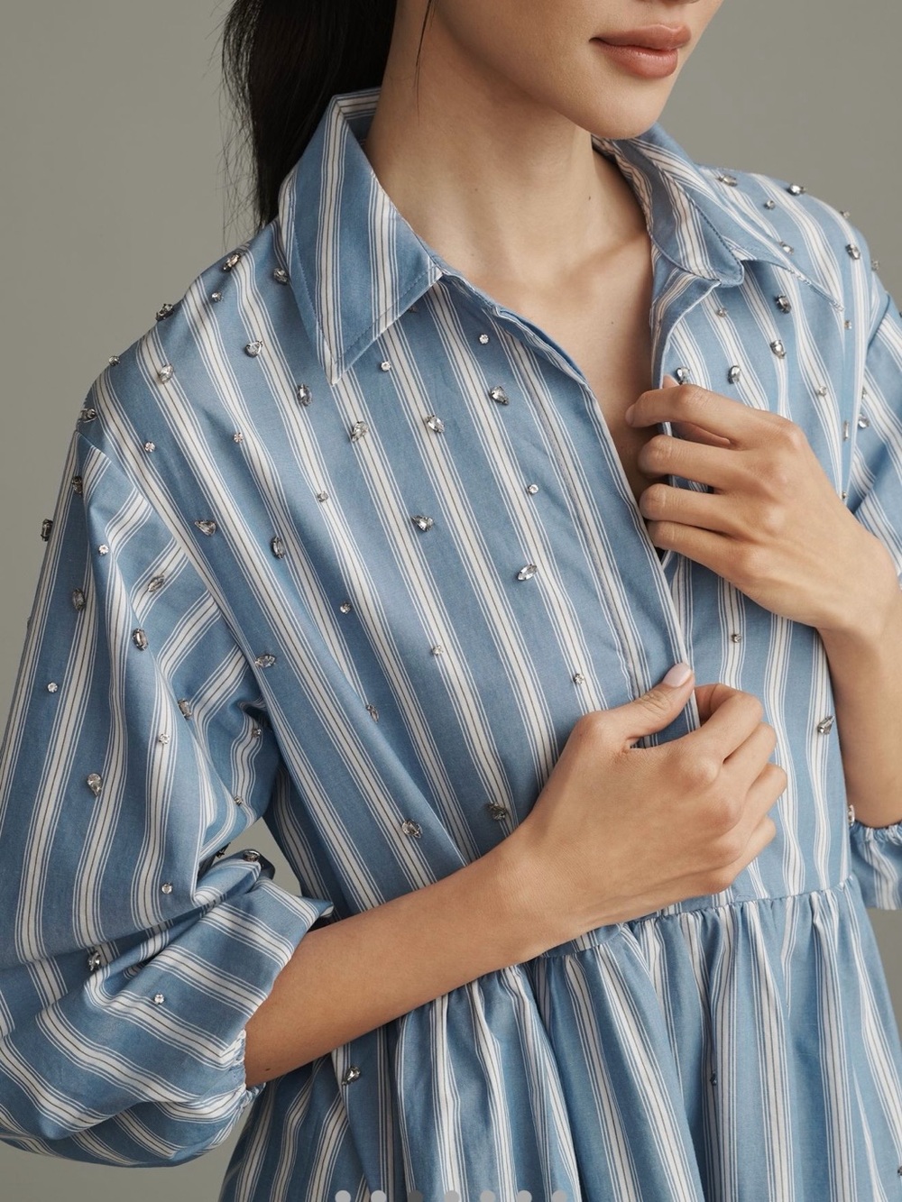 Anthropologie Blue and White Striped embellished Midi Shirt Dress - Picture 3 of 7